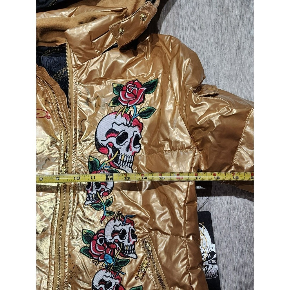 Ed Hardy By Christian Andigier Womens Puffer Jacket Skull Rose Gold Size M - Picture 7 of 11
